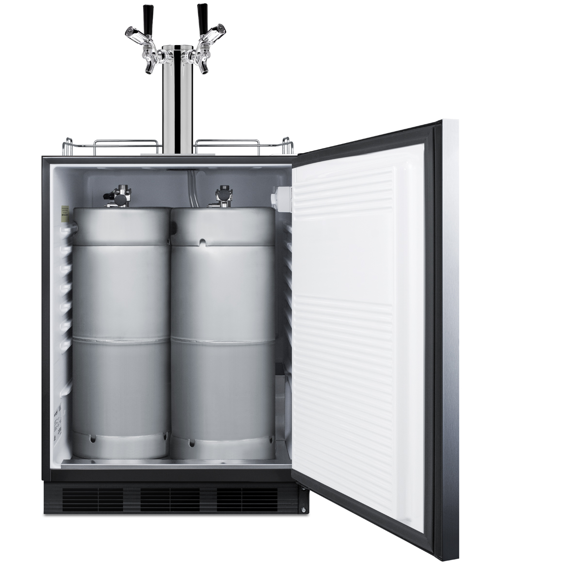 Built-in undercounter ADA height commercially listed dual tap beer dispenser with stainless steel wrapped door, front lock, black cabinet, and two TapLocks